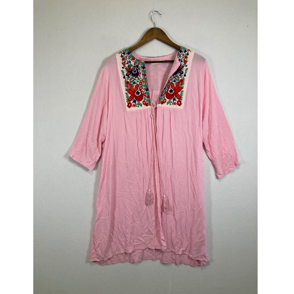 Velzera‎ Embroidered Tunic Top Womens 1XL Pink Boho Floral Bird Tassel Rayon